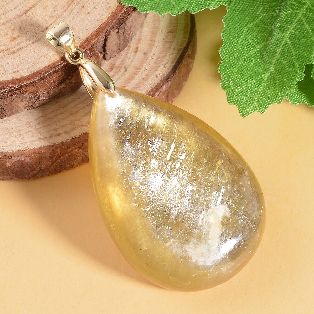 10K Yellow Gold AAAA Golden Lepidolite Drop Pendant 53.70 ctw image number 1