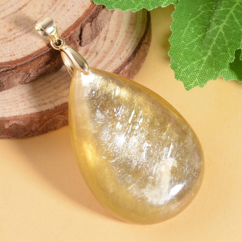 10K Yellow Gold AAAA Golden Lepidolite Drop Pendant 53.70 ctw