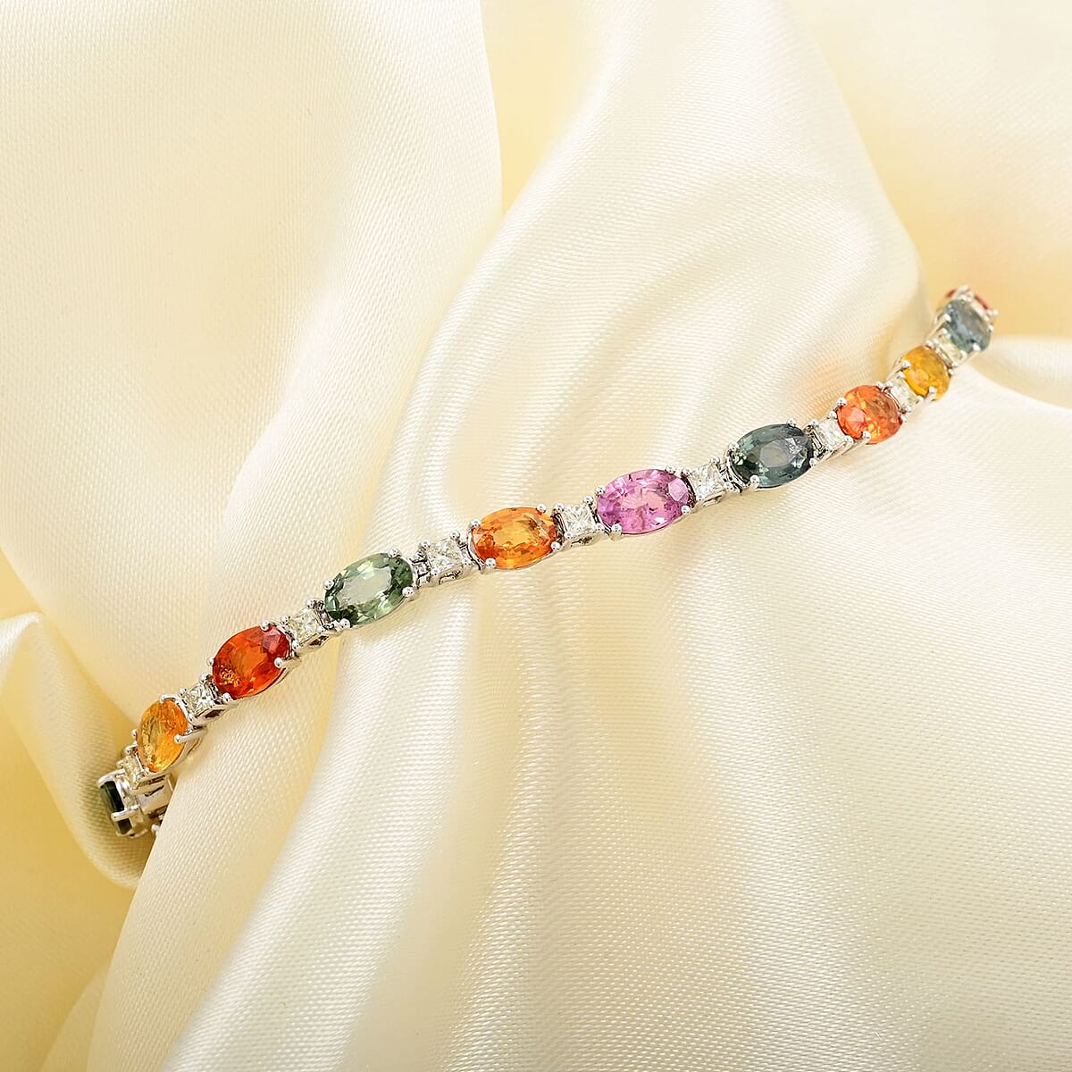 14K White Gold Multi Sapphire and H-I SI2 Diamond Bracelet (7.25 In) 6.55 Grams 11.80 ctw image number 1