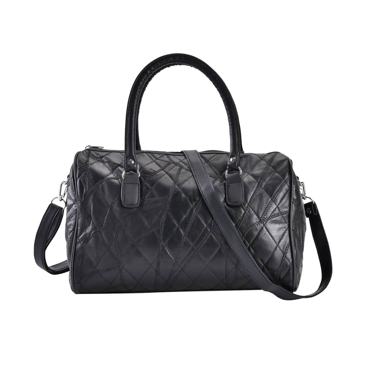Black Patchwork Lambskin Leather Tote Bag with Handle Drop and Detachable Shoulder Strap image number 0