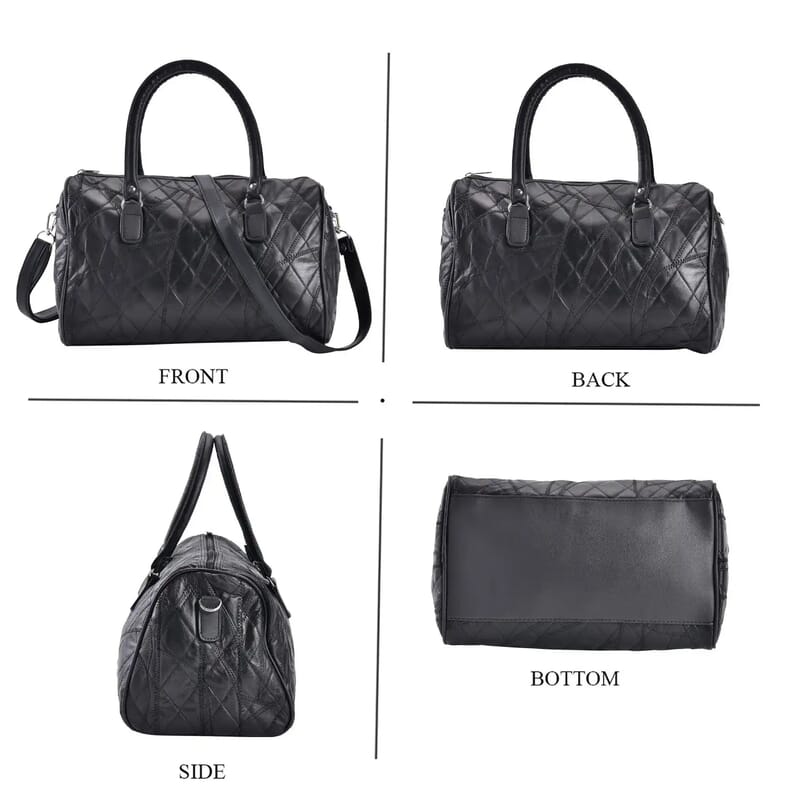 Black Patchwork Lambskin Leather Tote Bag with Handle Drop and Detachable Shoulder Strap