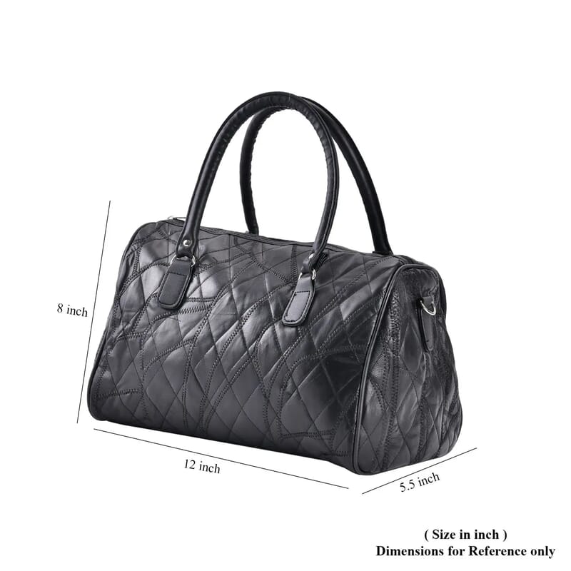 Black Patchwork Lambskin Leather Tote Bag with Handle Drop and Detachable Shoulder Strap