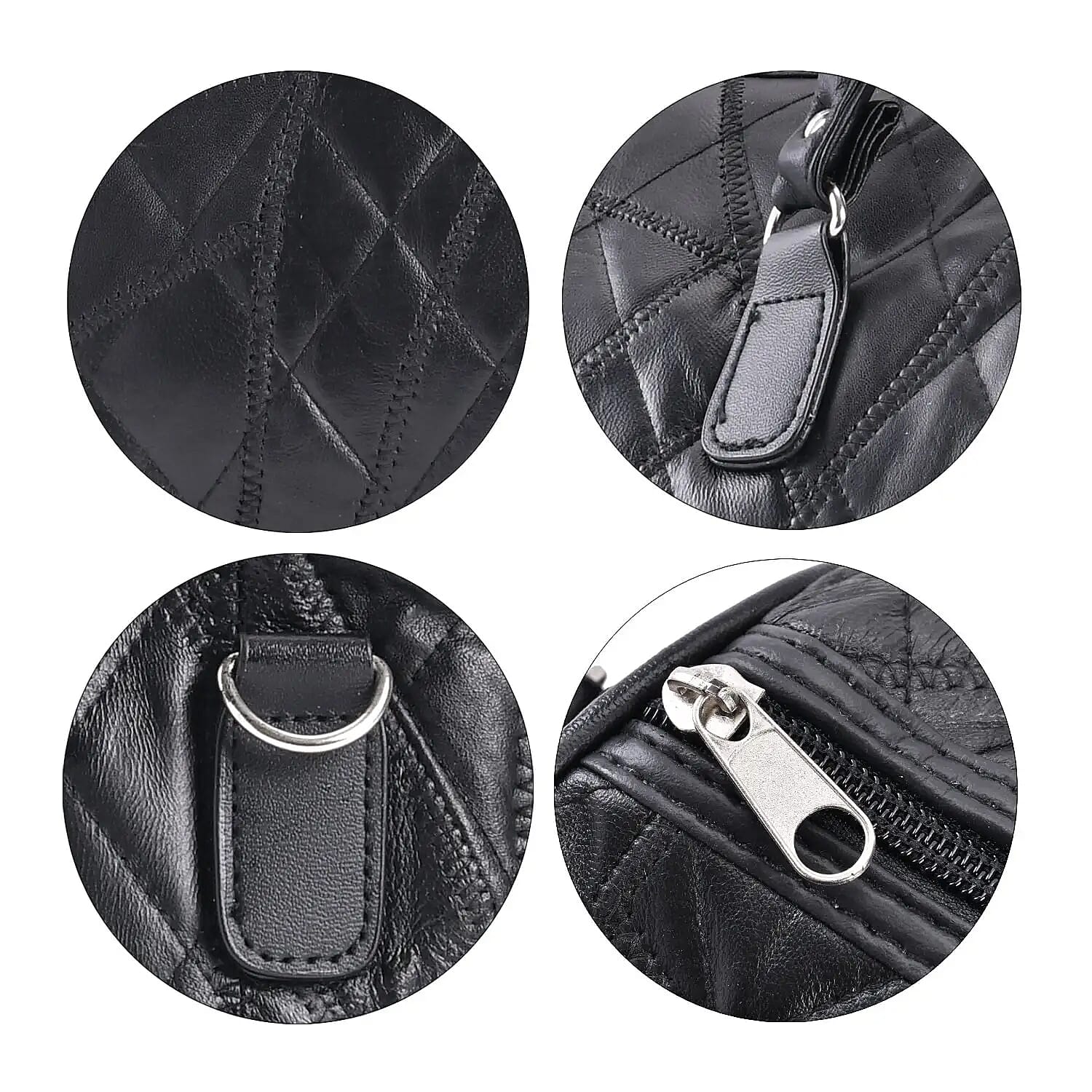 Black Patchwork Lambskin Leather Tote Bag with Handle Drop and Detachable Shoulder Strap