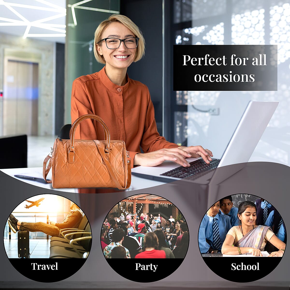 Tan Patchwork Lambskin Leather Tote Bag with Handle Drop and Detachable Shoulder Strap image number 3