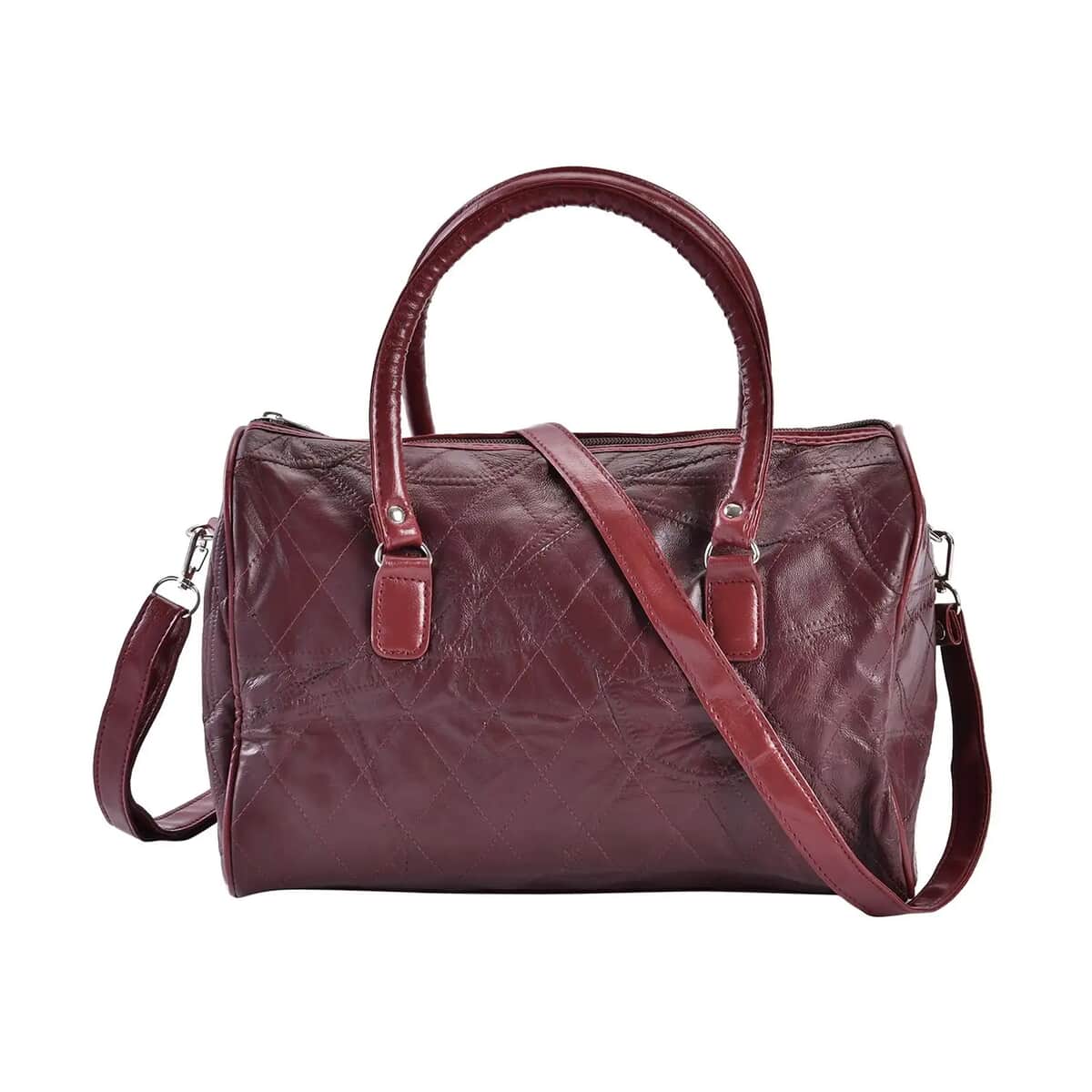 Burgundy Patchwork Lambskin Leather Tote Bag with Handle Drop and Detachable Shoulder Strap image number 0