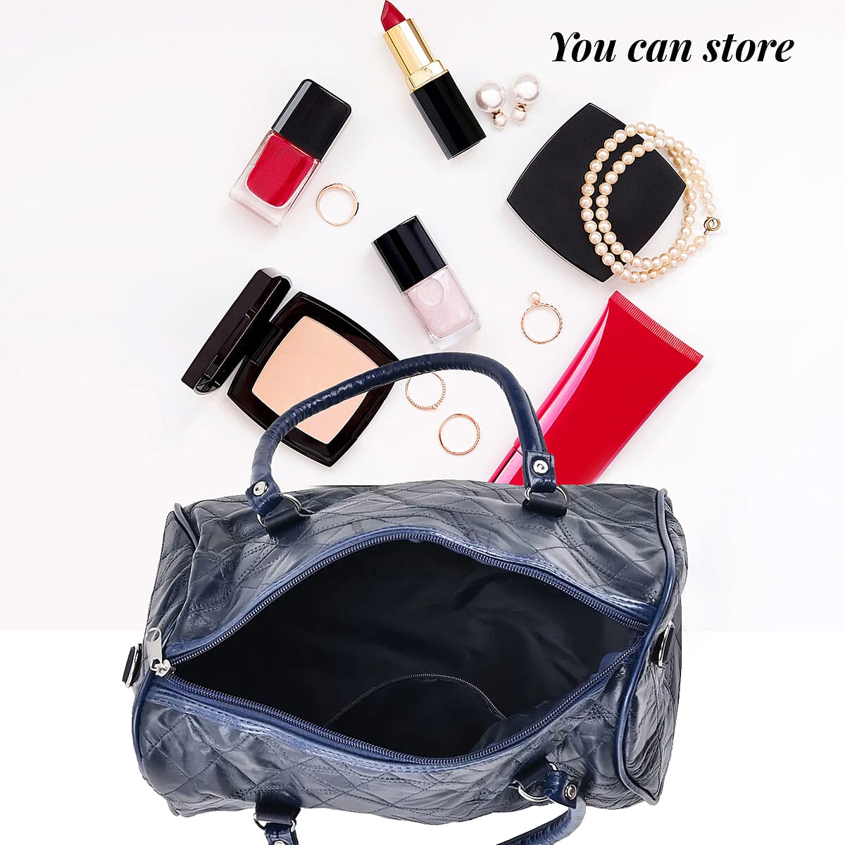 Blue Patchwork Lambskin Leather Tote Bag with Handle Drop and Detachable Shoulder Strap image number 2