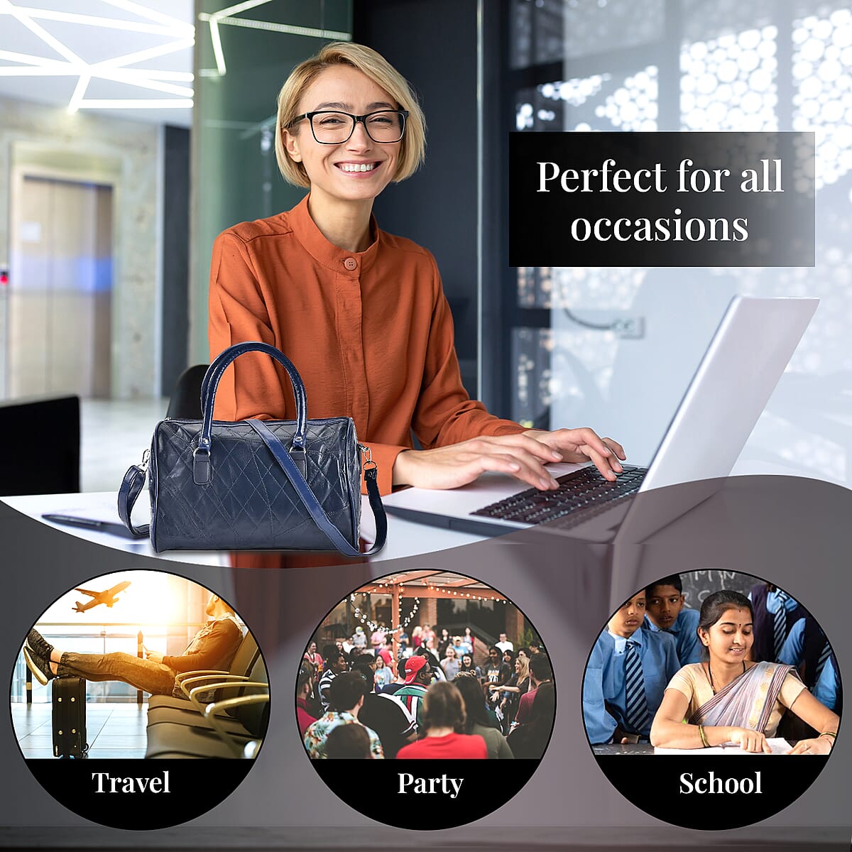 Blue Patchwork Lambskin Leather Tote Bag with Handle Drop and Detachable Shoulder Strap image number 3