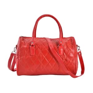 Red Patchwork Lambskin Leather Tote Bag with Handle Drop and Detachable Shoulder Strap