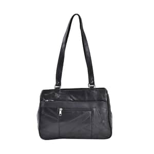Doorbuster Black Patchwork Sheep Leather Crossbody Bag with Faux Leather Handle Drop and Detachable Shoulder Strap