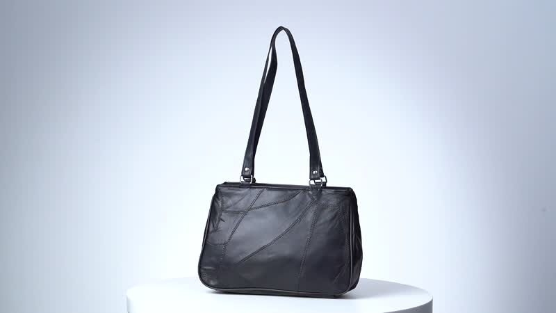 Black Patchwork Sheep Leather Cross Body Bag (11.7"x8"x3.5'') with Handle Drop and Detachable Shoulder Strap
