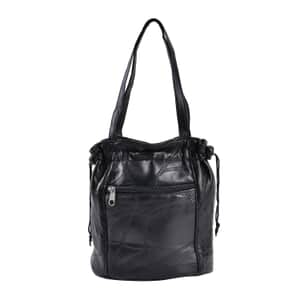 Black Patchwork Sheep Leather Drawstring Bucket Bag with Faux Leather Handle Drop and Detachable Shoulder Strap
