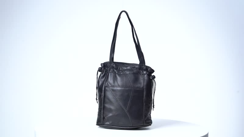 Black Patchwork Sheep Leather Drawstring Bucket Bag (7.5"x8.5"x4.3") with Faux Leather Handle Drop and Detachable Shoulder Strap