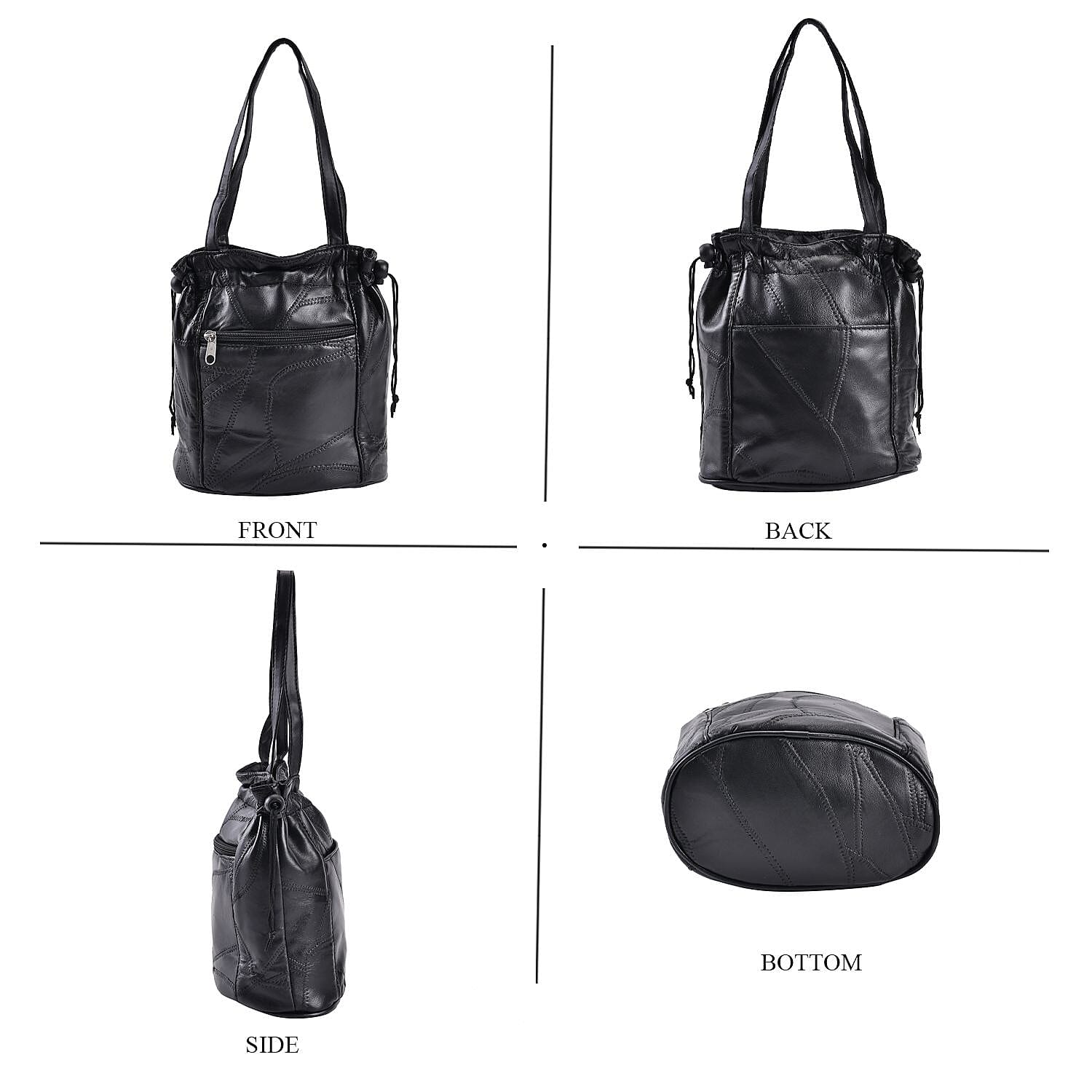 Black Patchwork Sheep Leather Drawstring Bucket Bag with Faux Leather Handle Drop and Detachable Shoulder Strap