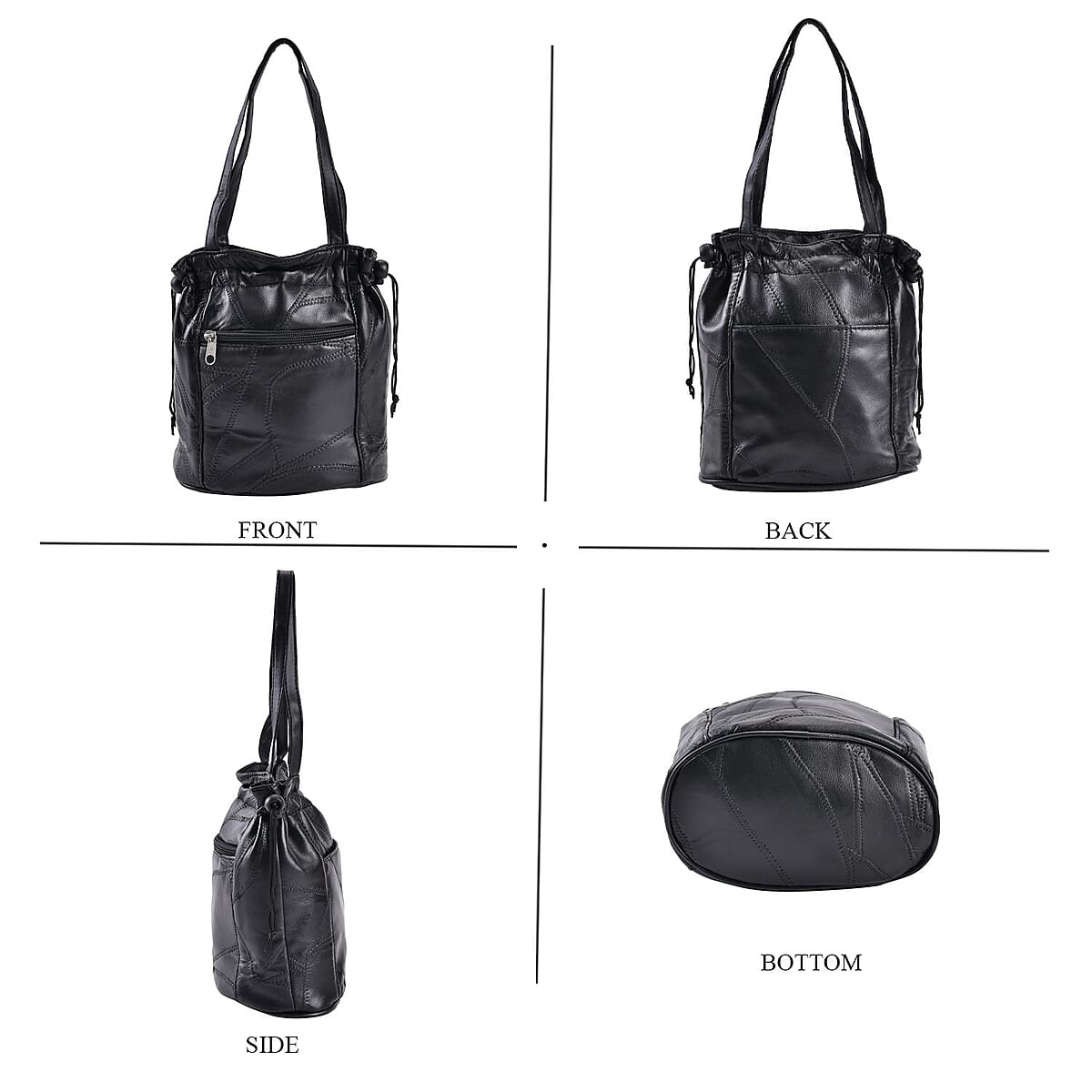 Black Patchwork Sheep Leather Drawstring Bucket Bag with Faux Leather Handle Drop and Detachable Shoulder Strap image number 1