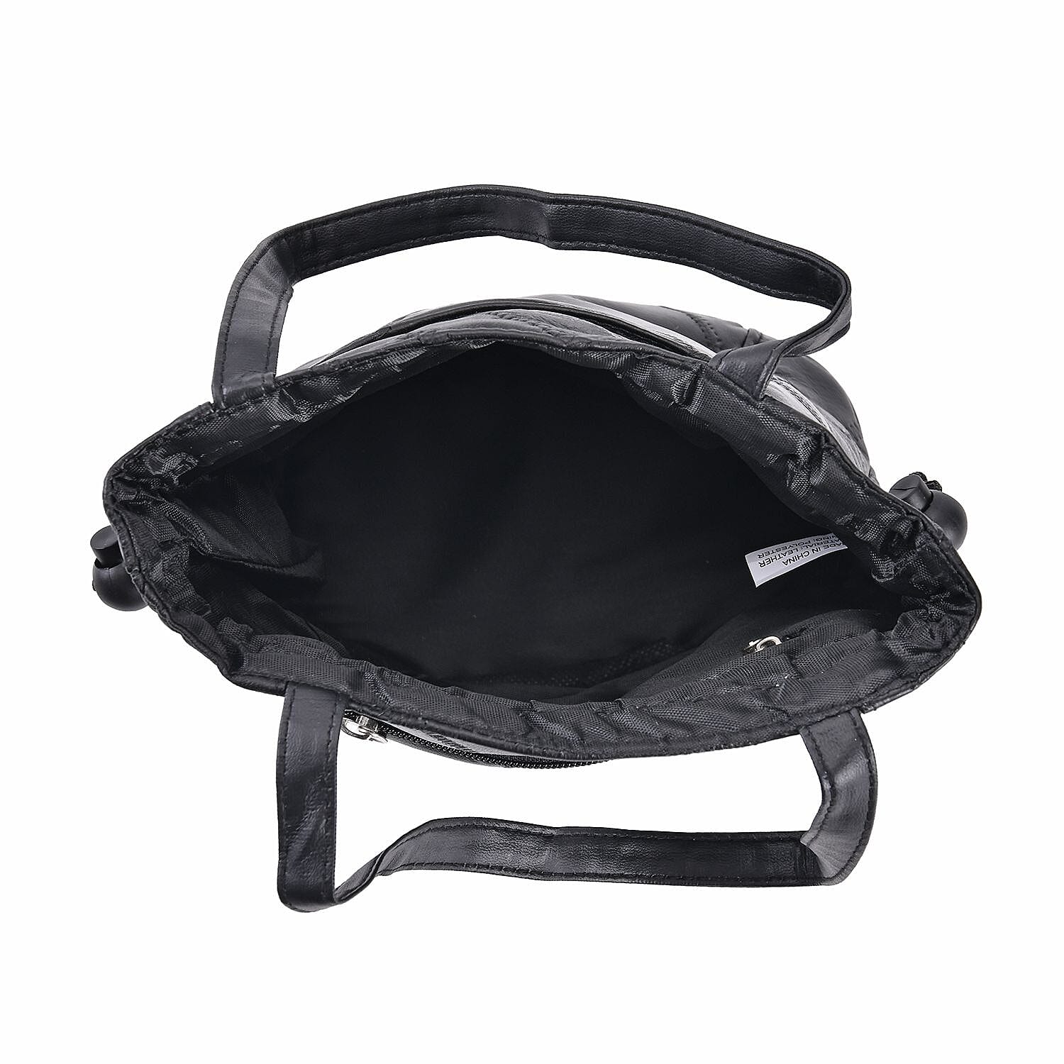 Black Patchwork Sheep Leather Drawstring Bucket Bag with Faux Leather Handle Drop and Detachable Shoulder Strap
