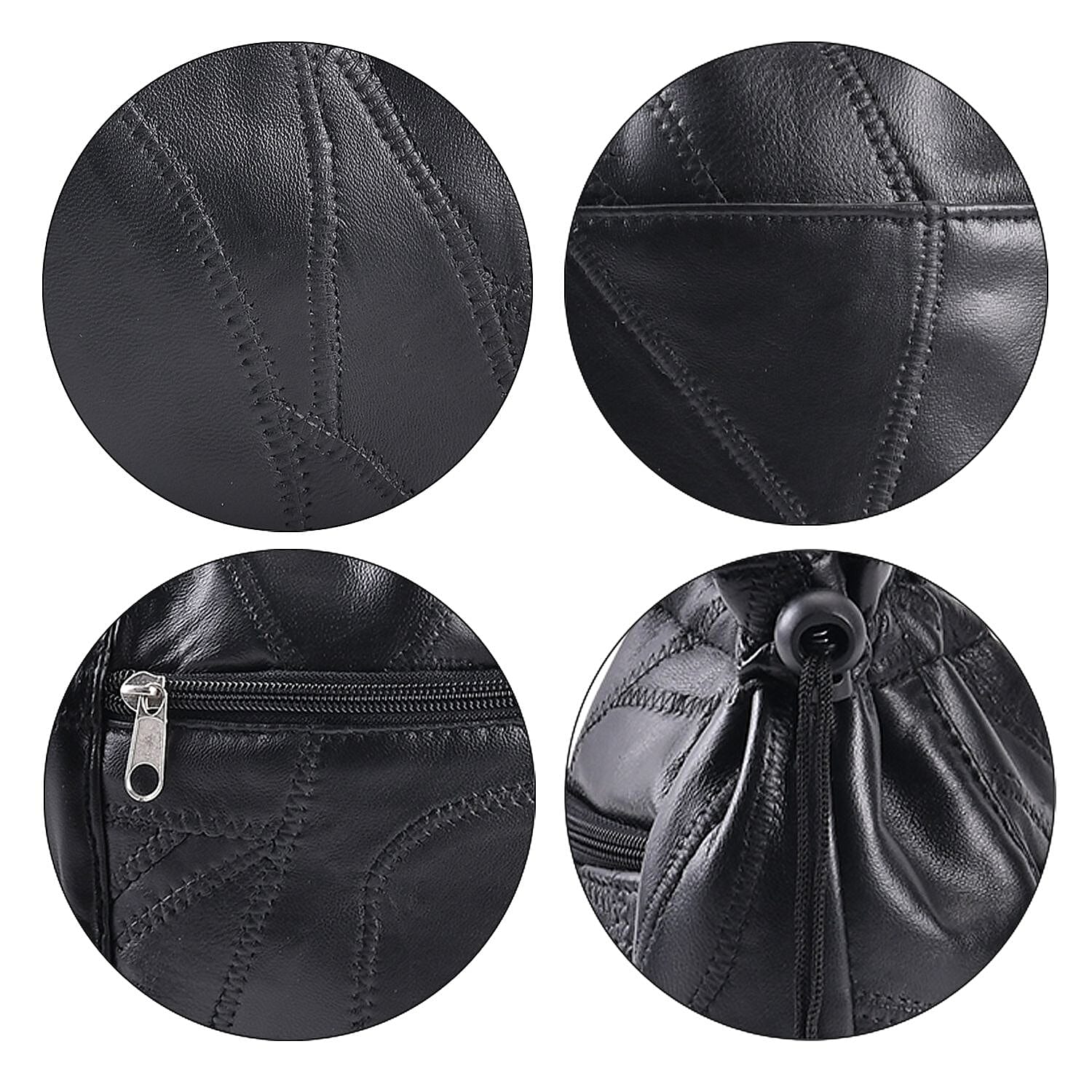 Black Patchwork Sheep Leather Drawstring Bucket Bag with Faux Leather Handle Drop and Detachable Shoulder Strap