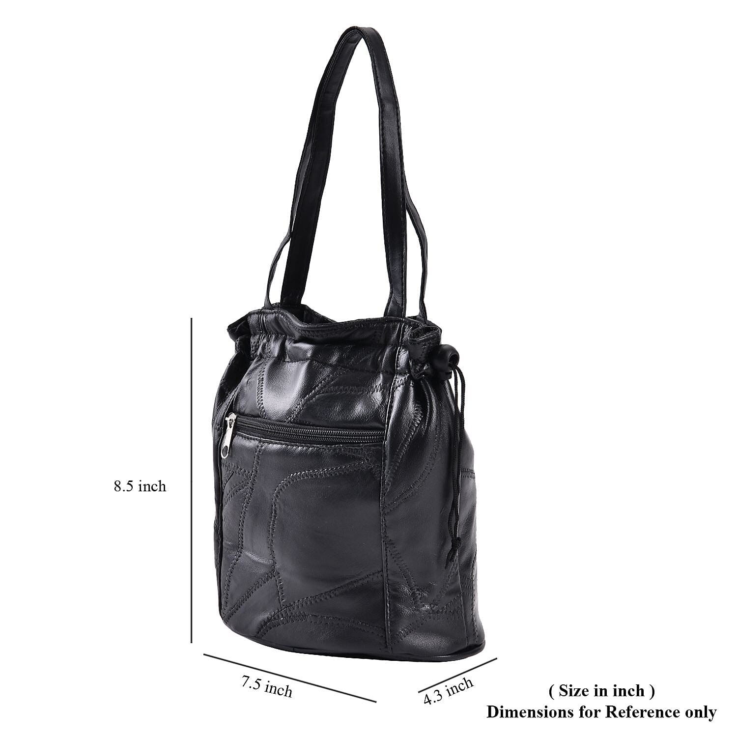 Black Patchwork Sheep Leather Drawstring Bucket Bag with Faux Leather Handle Drop and Detachable Shoulder Strap