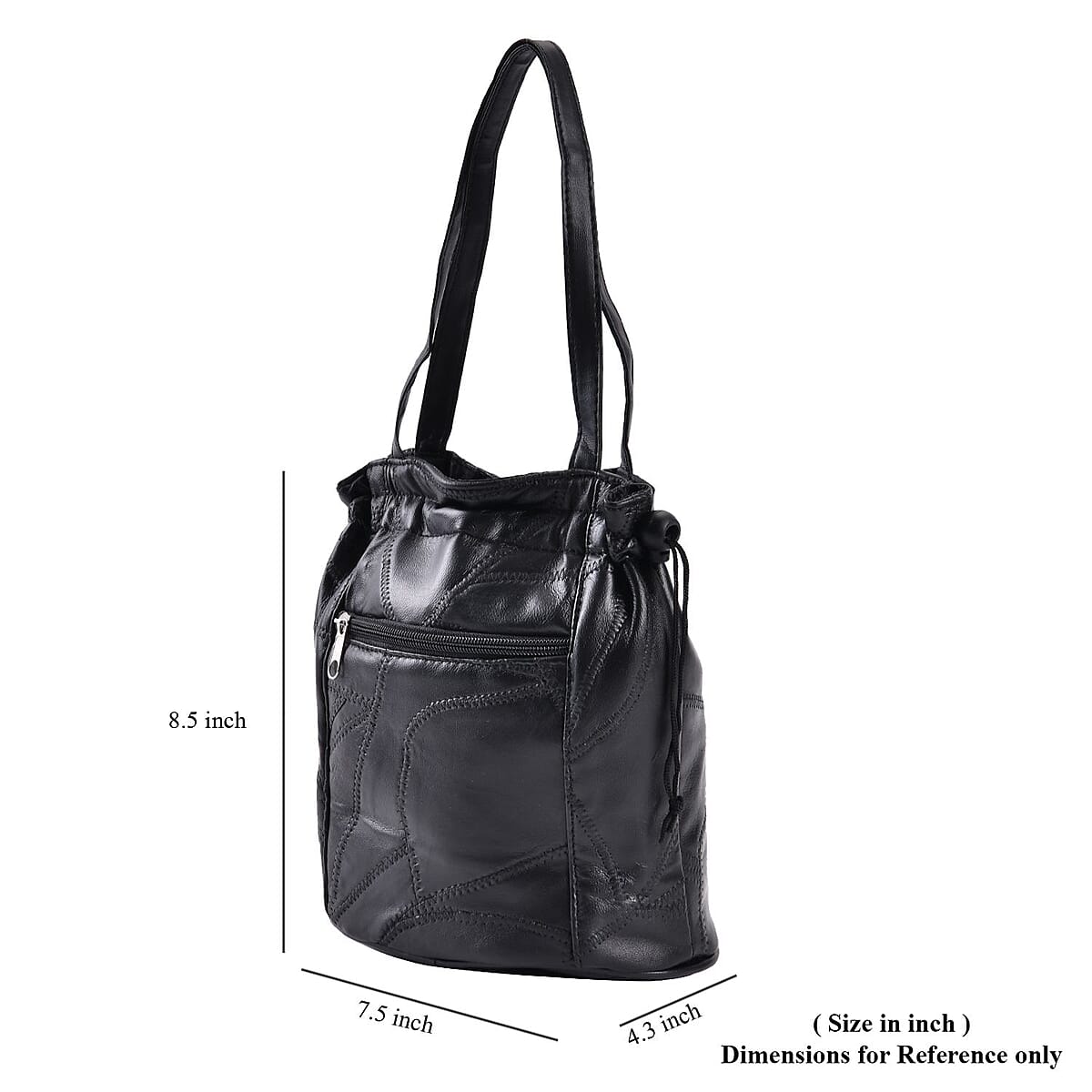 Black Patchwork Sheep Leather Drawstring Bucket Bag with Faux Leather Handle Drop and Detachable Shoulder Strap image number 4