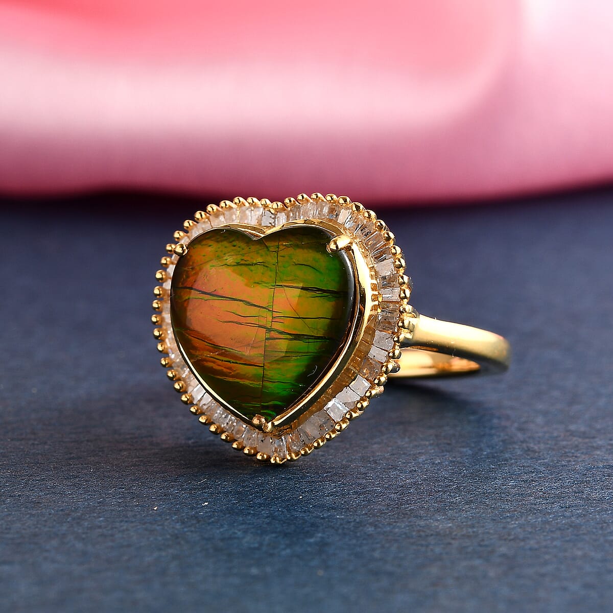 Canadian Ammolite and Diamond Heart Shape Halo Ring in Vermeil Yellow Gold Over Sterling Silver (Size 10.0) 0.35 ctw image number 1