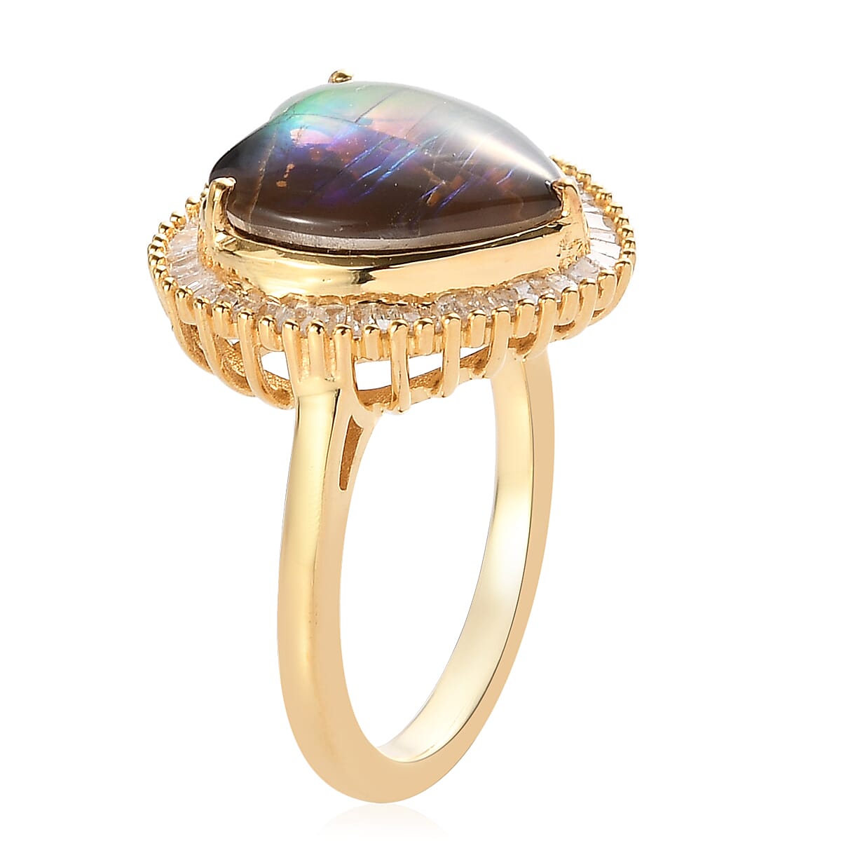Canadian Ammolite and Diamond Heart Shape Halo Ring in Vermeil Yellow Gold Over Sterling Silver (Size 10.0) 0.35 ctw image number 3