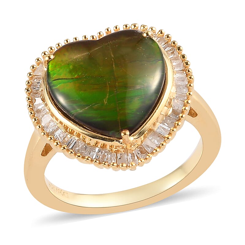 Canadian Ammolite and Diamond Heart Shape Halo Ring in Vermeil Yellow Gold Over Sterling Silver (Size 7.0) 0.35 ctw