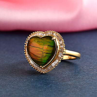 Canadian Ammolite and Diamond Heart Shape Halo Ring in Vermeil Yellow Gold Over Sterling Silver (Size 7.0) 0.35 ctw