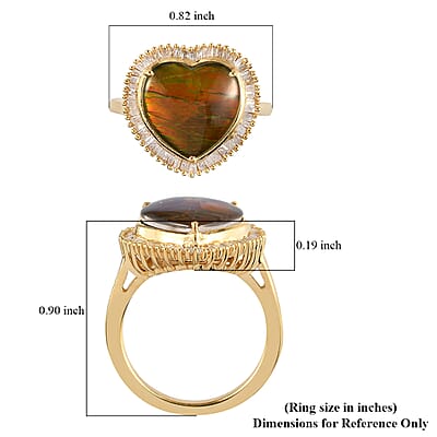 Canadian Ammolite and Diamond Heart Shape Halo Ring in Vermeil Yellow Gold Over Sterling Silver (Size 7.0) 0.35 ctw