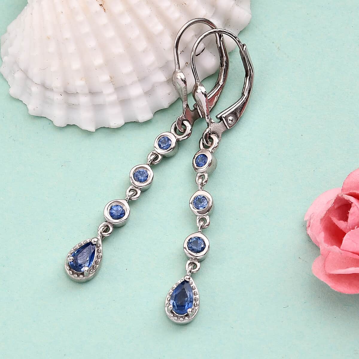 Blue Ceylon Sapphire Dangling Earrings in Platinum Over Sterling Silver 1.00 ctw image number 1