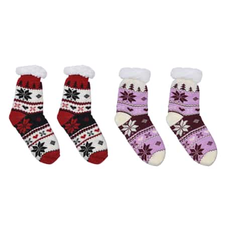 Homesmart Set of 2 Pairs Warm & Fuzzy Red and Brown Snowflake Pattern Sherpa Lined Slipper Socks (Women's Size 5-10) with Anti Slip Rubber image number 0