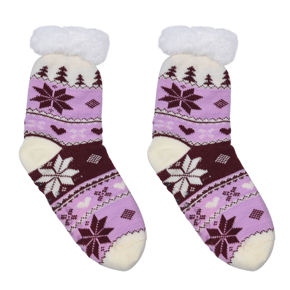 Homesmart Set of 2 Pairs Warm & Fuzzy Red and Brown Snowflake Pattern Sherpa Lined Slipper Socks (Women's Size 5-10) with Anti Slip Rubber image number 1