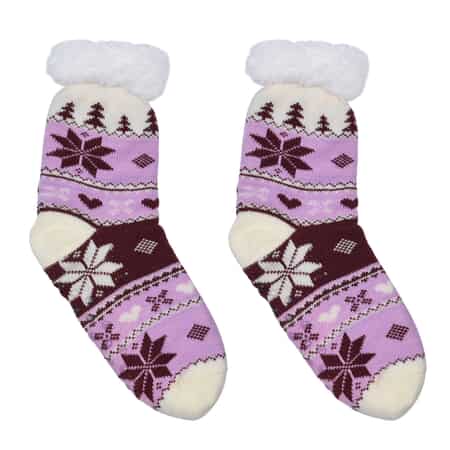 Homesmart Set of 2 Pairs Warm & Fuzzy Red and Brown Snowflake Pattern Sherpa Lined Slipper Socks (Women's Size 5-10) with Anti Slip Rubber image number 1