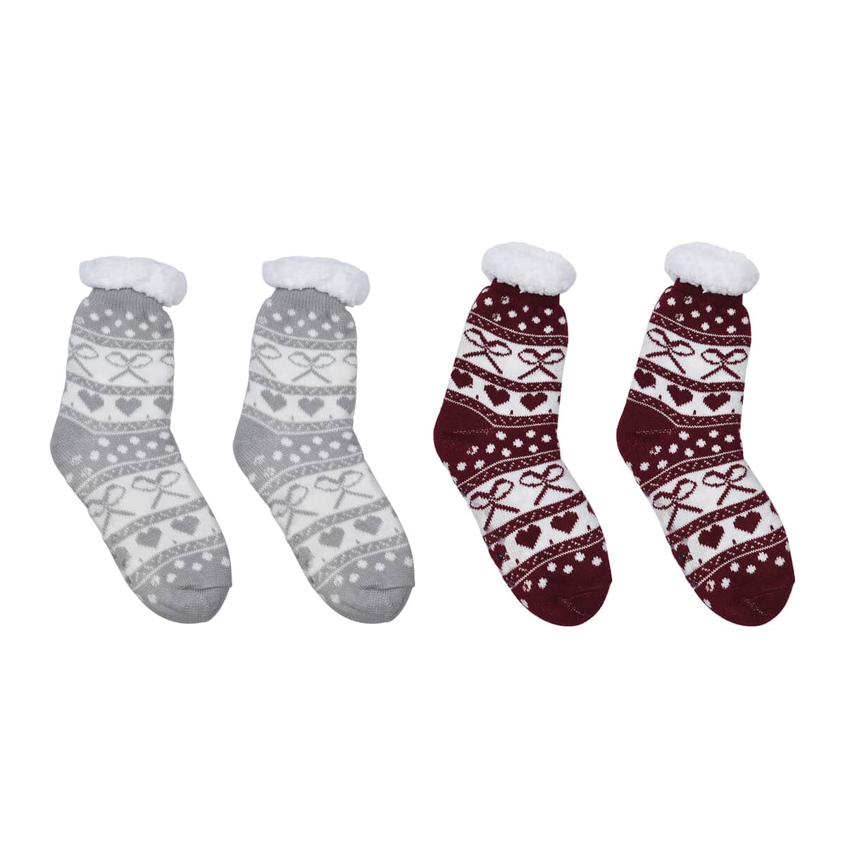 Homesmart Set of 2 Pairs Warm & Fuzzy Gray and Brown Bowknot and Heart Pattern Sherpa Lined Slipper Socks (Women's Size 5-10) with Anti Slip Rubber image number 0