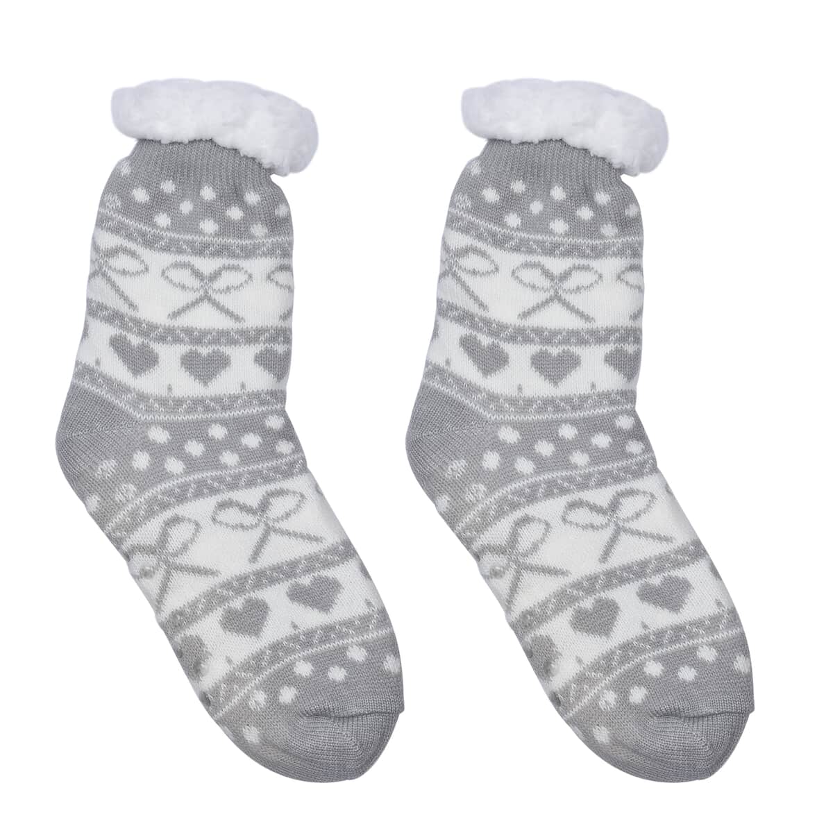 Homesmart Set of 2 Pairs Warm & Fuzzy Gray and Brown Bowknot and Heart Pattern Sherpa Lined Slipper Socks (Women's Size 5-10) with Anti Slip Rubber image number 3
