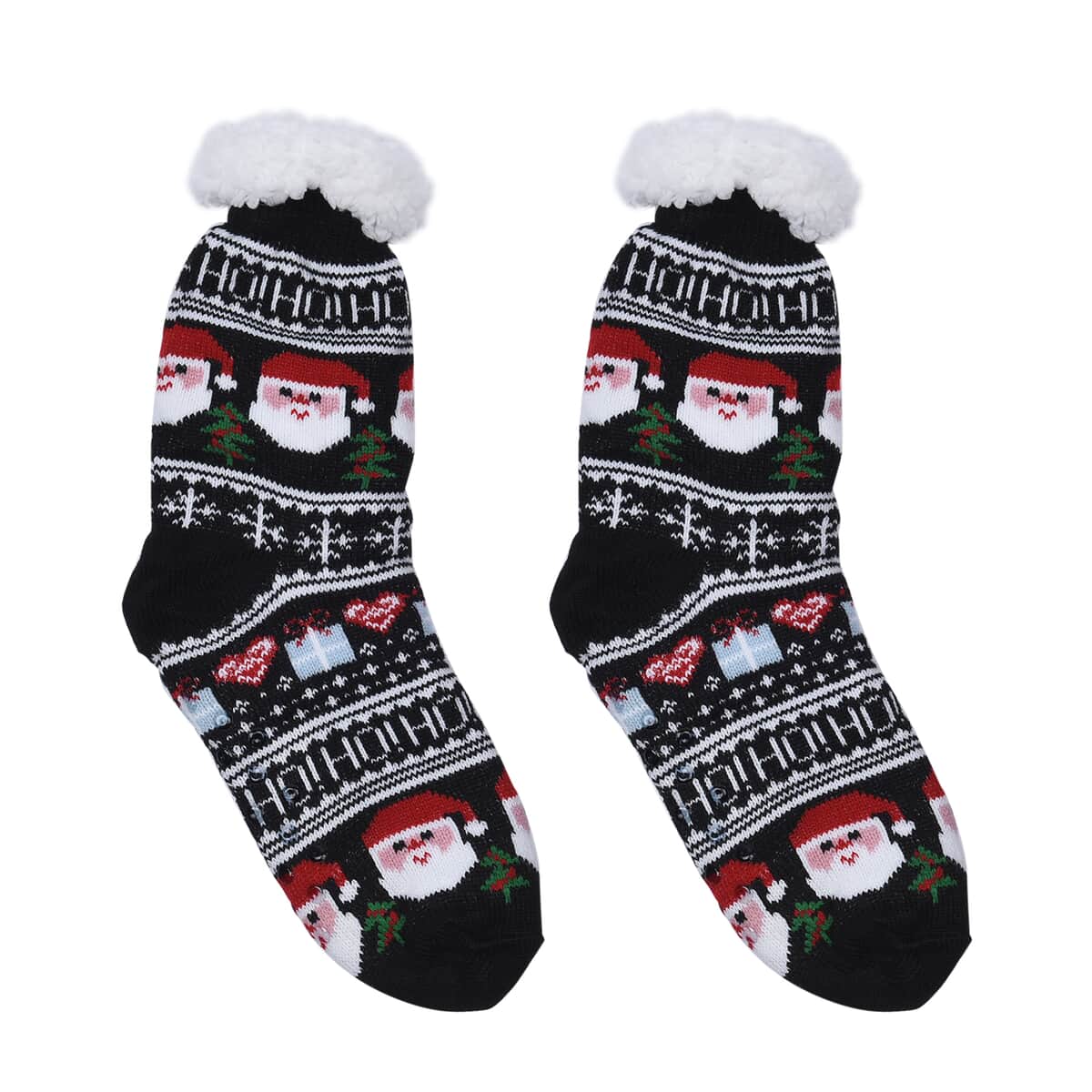 Homesmart Set of 2 Warm & Fuzzy Snowflake, Santa Claus Pattern Sherpa Lined Slipper Socks (Women's Size 5-10) with Anti Slip Rubber image number 1