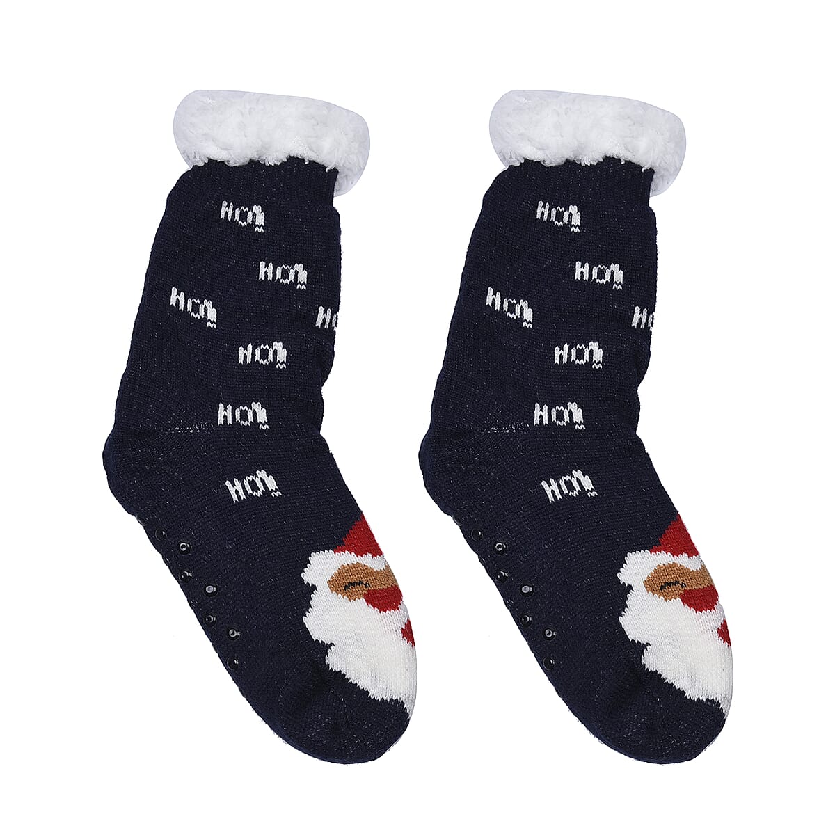 Homesmart Set of 2 Pairs Warm & Fuzzy Blue Christmas Tree and Santa Claus Pattern Sherpa Lined Slipper Socks (Women's Size 5-10) with Anti Slip Rubber image number 1