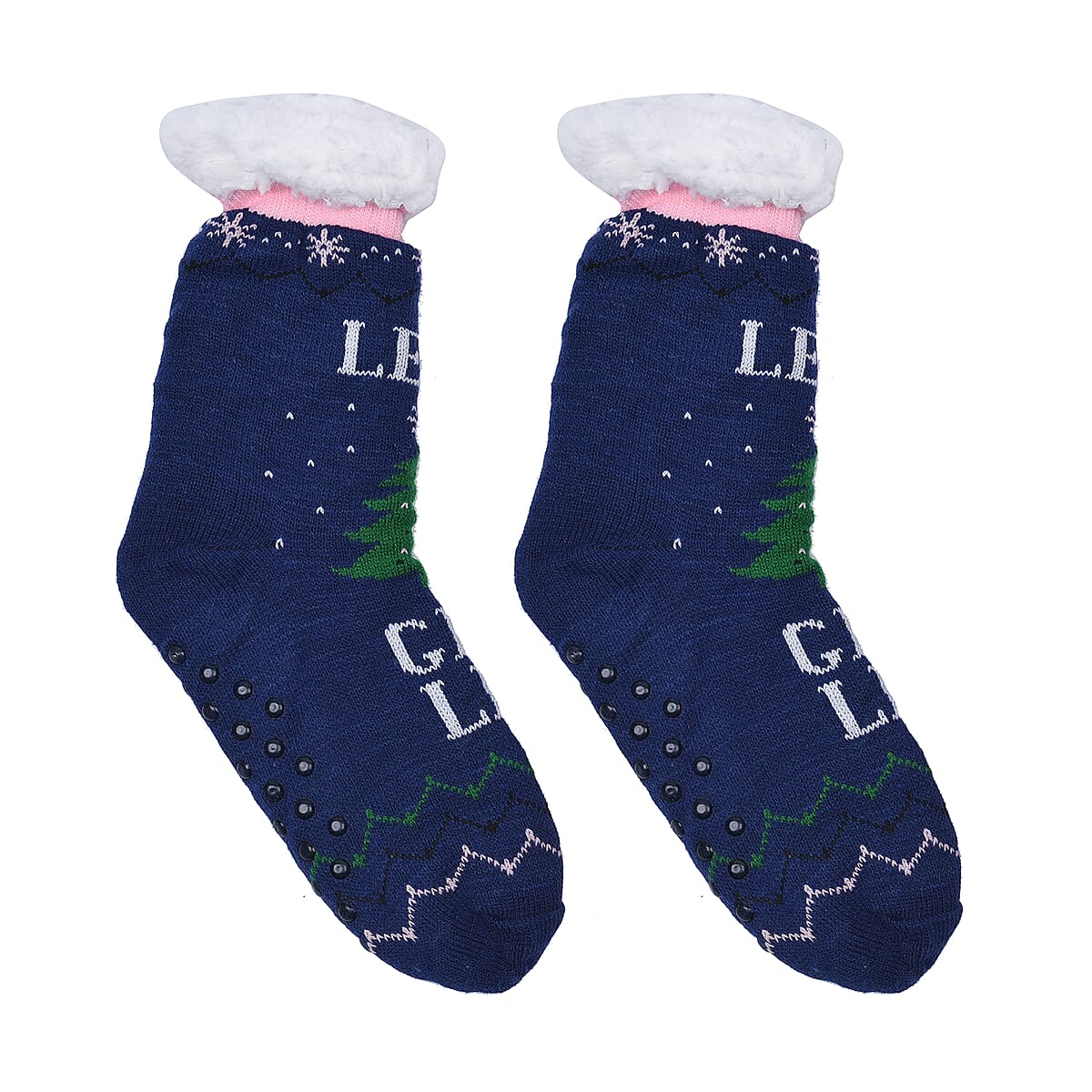 Homesmart Set of 2 Pairs Warm & Fuzzy Blue Christmas Tree and Santa Claus Pattern Sherpa Lined Slipper Socks (Women's Size 5-10) with Anti Slip Rubber image number 4