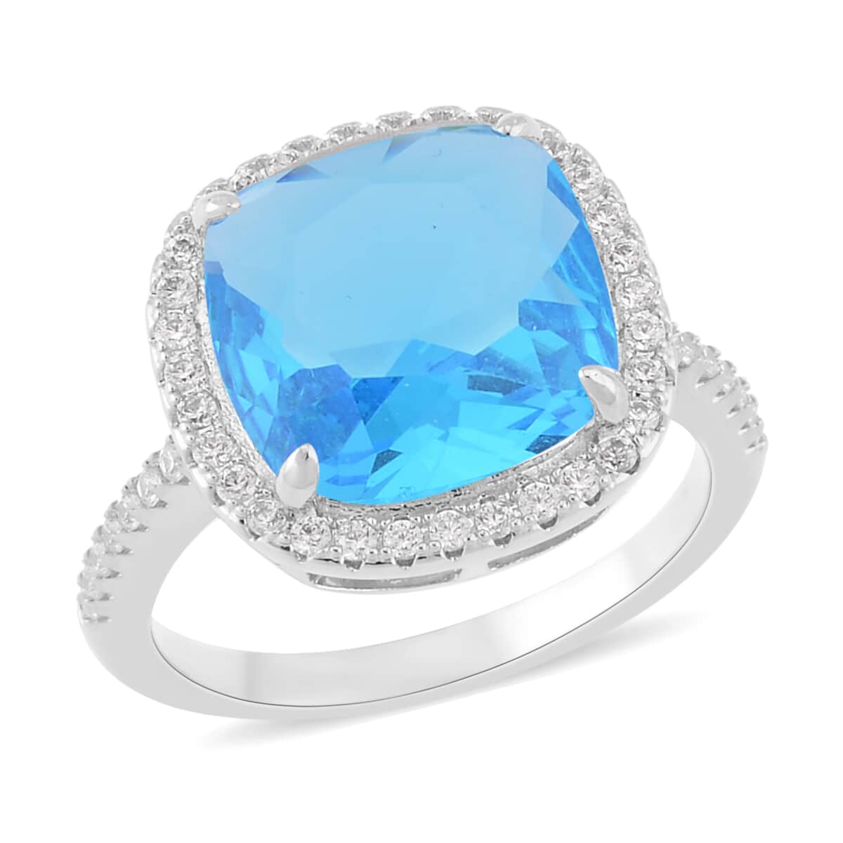 Simulated Aquamarine and Simulated Diamond Halo Ring in Silvertone (Size 5.0) 10.55 ctw image number 0