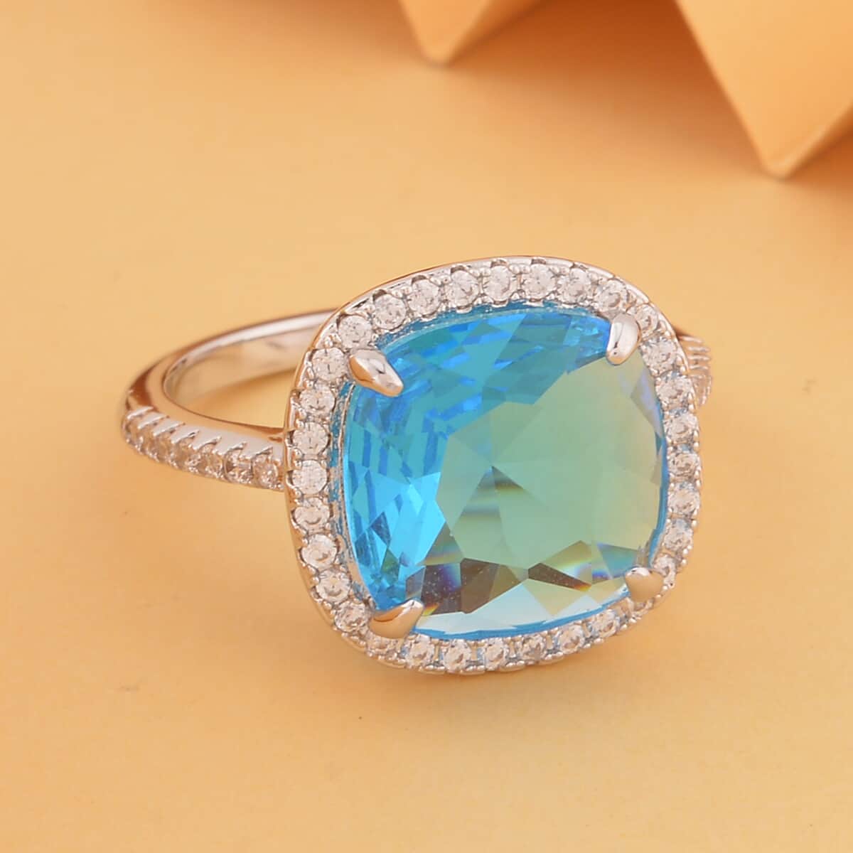 Simulated Aquamarine and Simulated Diamond Halo Ring in Silvertone (Size 5.0) 10.55 ctw image number 1