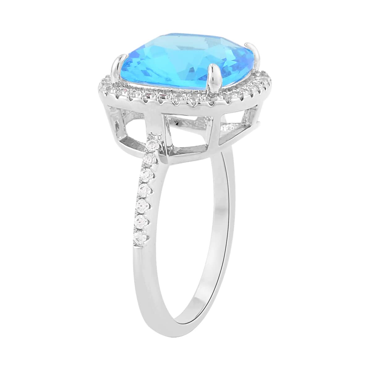 Simulated Aquamarine and Simulated Diamond Halo Ring in Silvertone (Size 5.0) 10.55 ctw image number 3