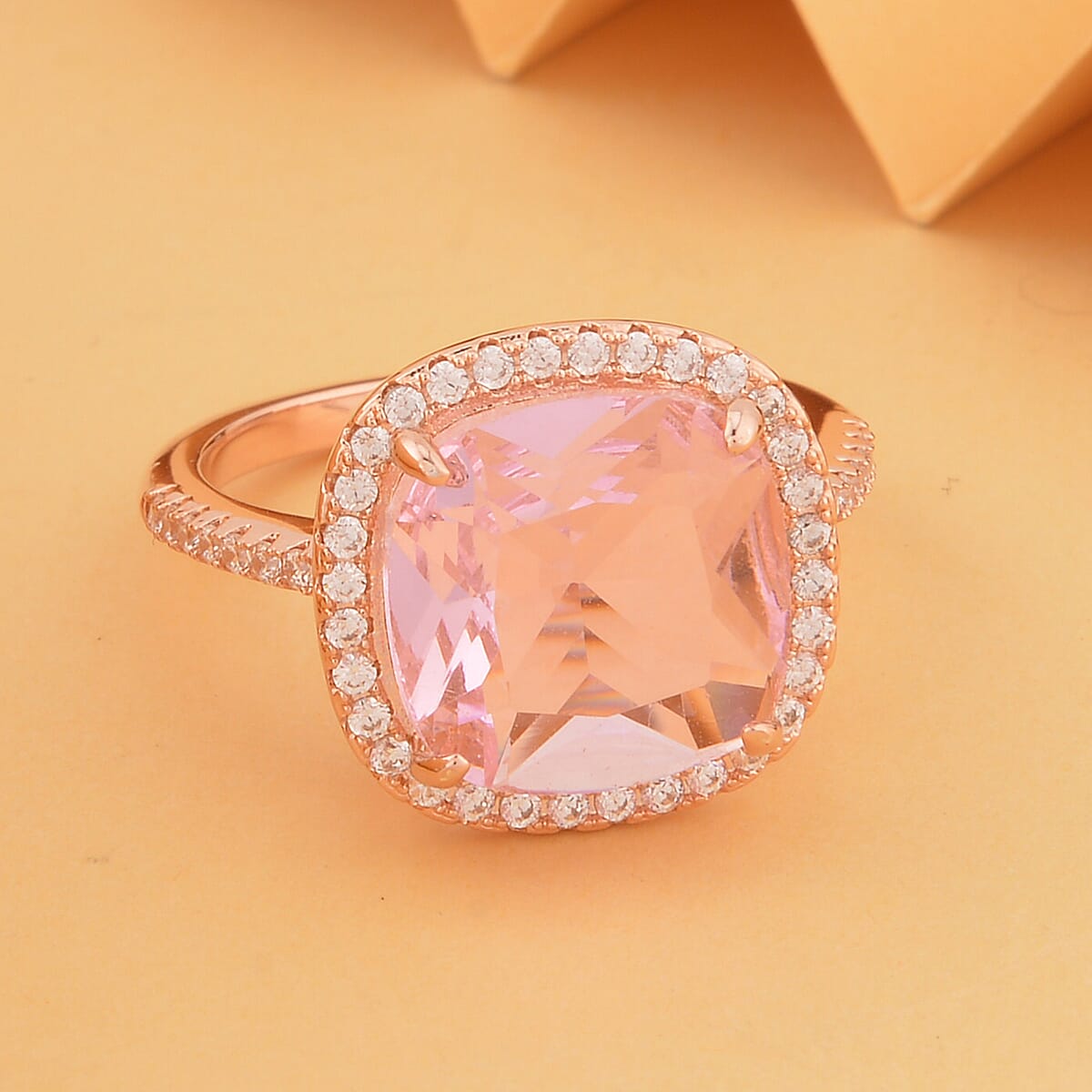 Simulated Morganite and Simulated Diamond Halo Ring in Rosetone (Size 6.0) 10.50 ctw image number 1