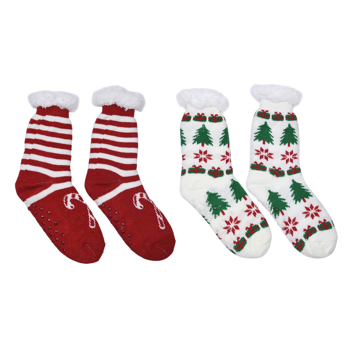 Homesmart Set of 2 Pairs Warm & Fuzzy Red Candy Cane and Christmas Tree Pattern Sherpa Lined Slipper Socks (Women's Size 5-10) with Anti Slip Rubber image number 0