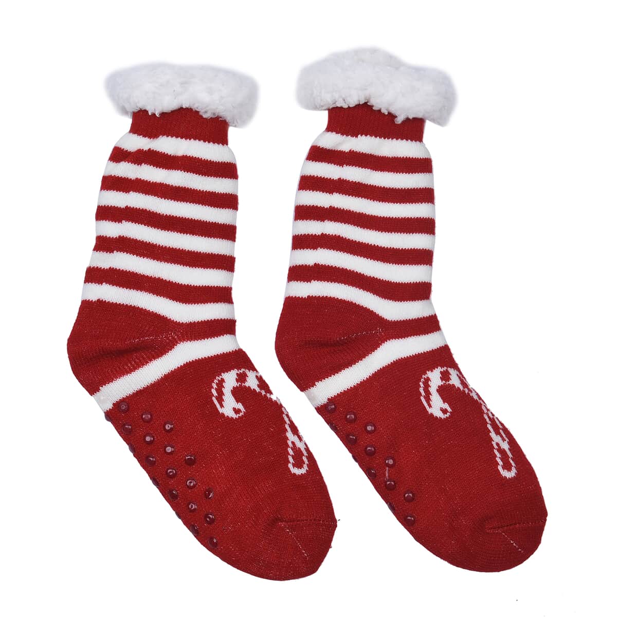 Homesmart Set of 2 Pairs Warm & Fuzzy Red Candy Cane and Christmas Tree Pattern Sherpa Lined Slipper Socks (Women's Size 5-10) with Anti Slip Rubber image number 1