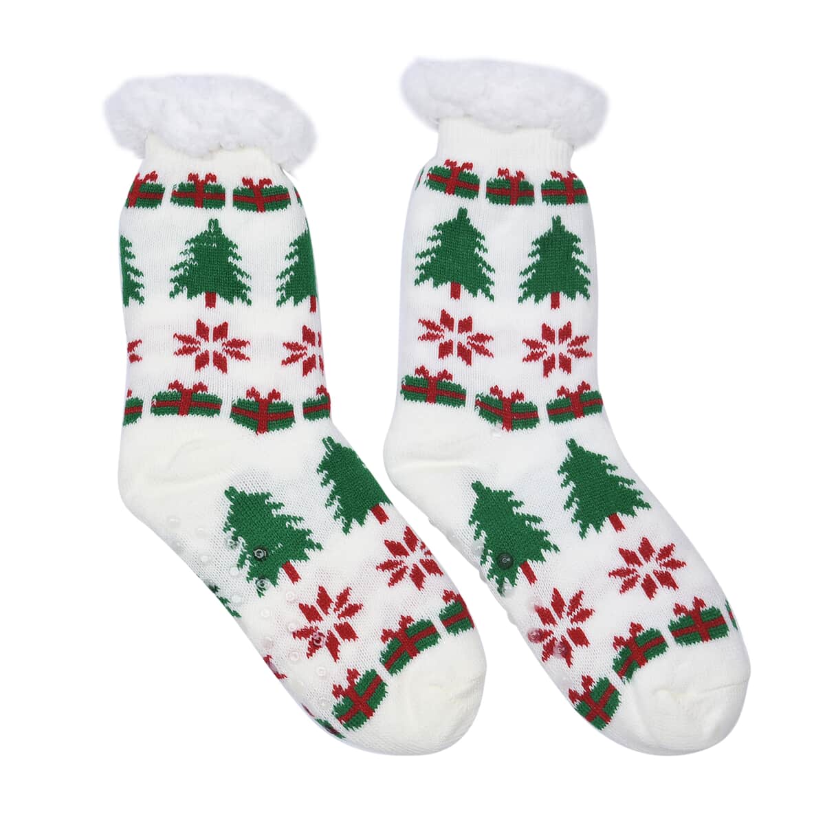 Homesmart Set of 2 Pairs Warm & Fuzzy Red Candy Cane and Christmas Tree Pattern Sherpa Lined Slipper Socks (Women's Size 5-10) with Anti Slip Rubber image number 4