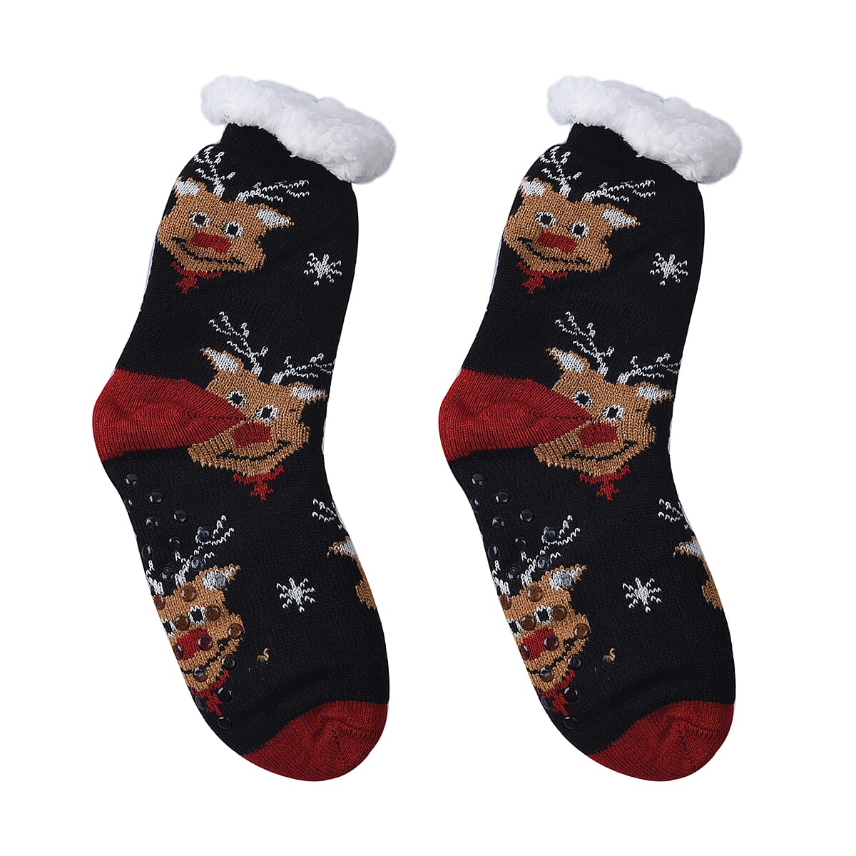 Homesmart Set of 2 Pairs Warm & Fuzzy Black Reindeer Pattern Sherpa Lined Slipper Socks (Women's Size 5-10) with Anti Slip Rubber image number 1