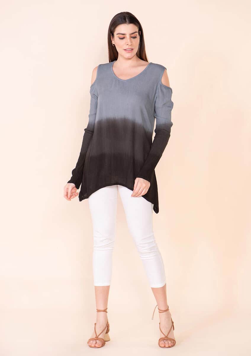 TAMSY Black and Gray Rayon Crepe Ombre Top - L image number 0