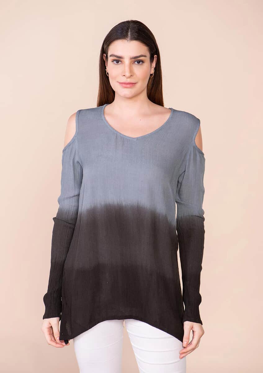 TAMSY Black and Gray Rayon Crepe Ombre Top - L image number 2