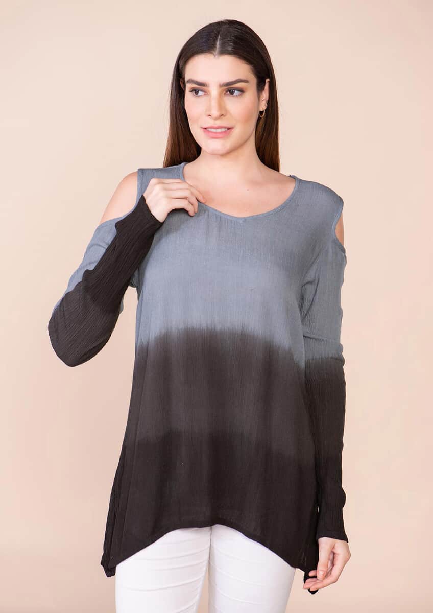 TAMSY Black and Gray Rayon Crepe Ombre Top - L image number 3