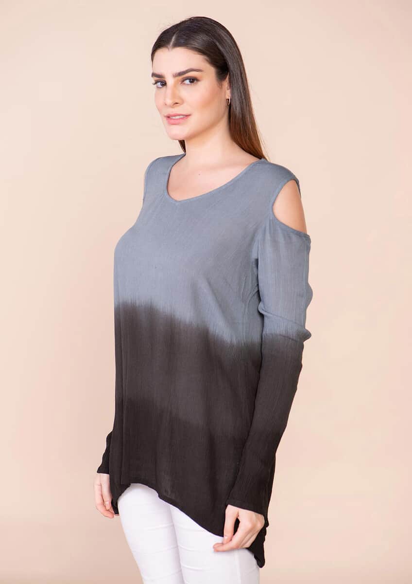 TAMSY Black and Gray Rayon Crepe Ombre Top - L image number 4