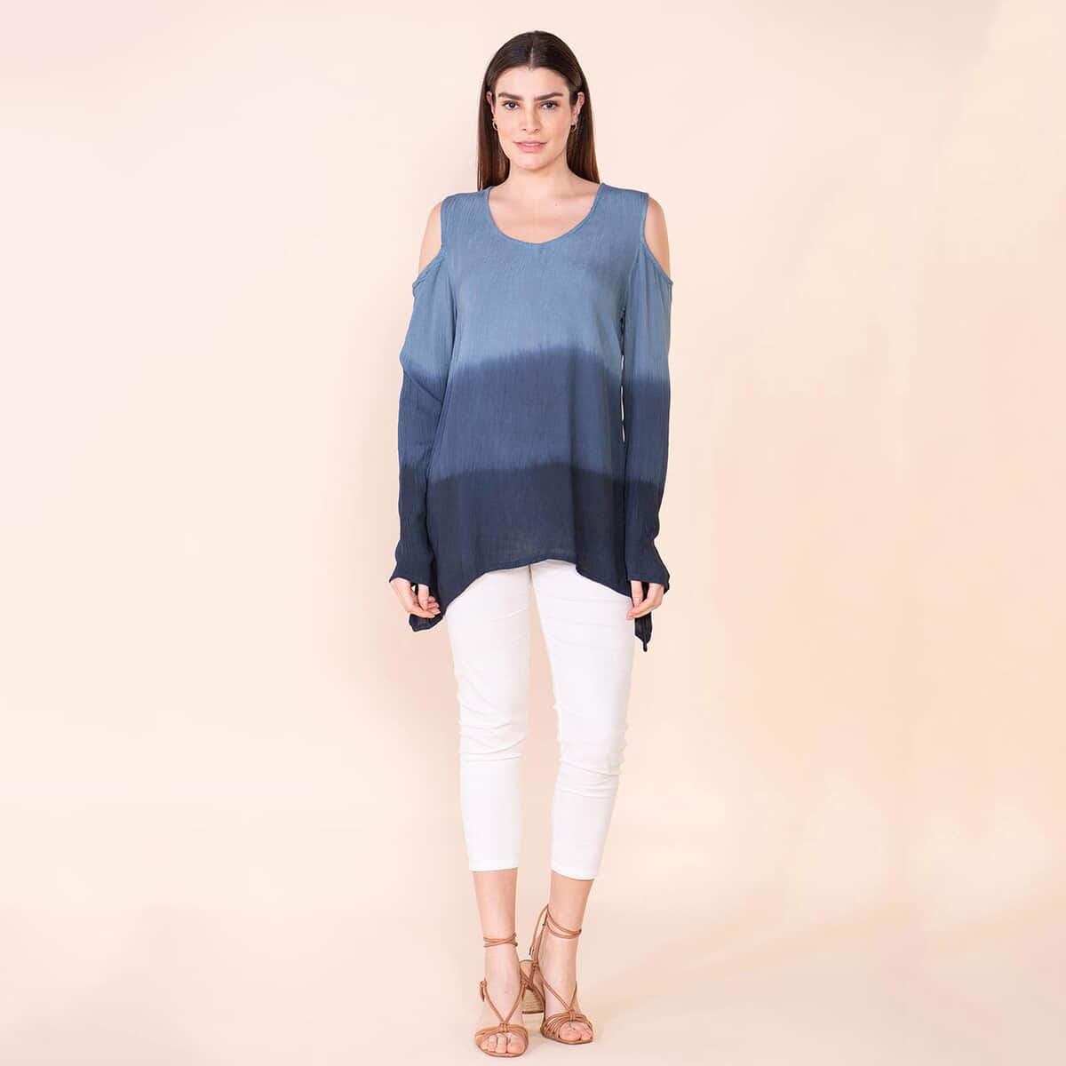 Tamsy Navy Blue Rayon Crepe Ombre Top - L image number 0