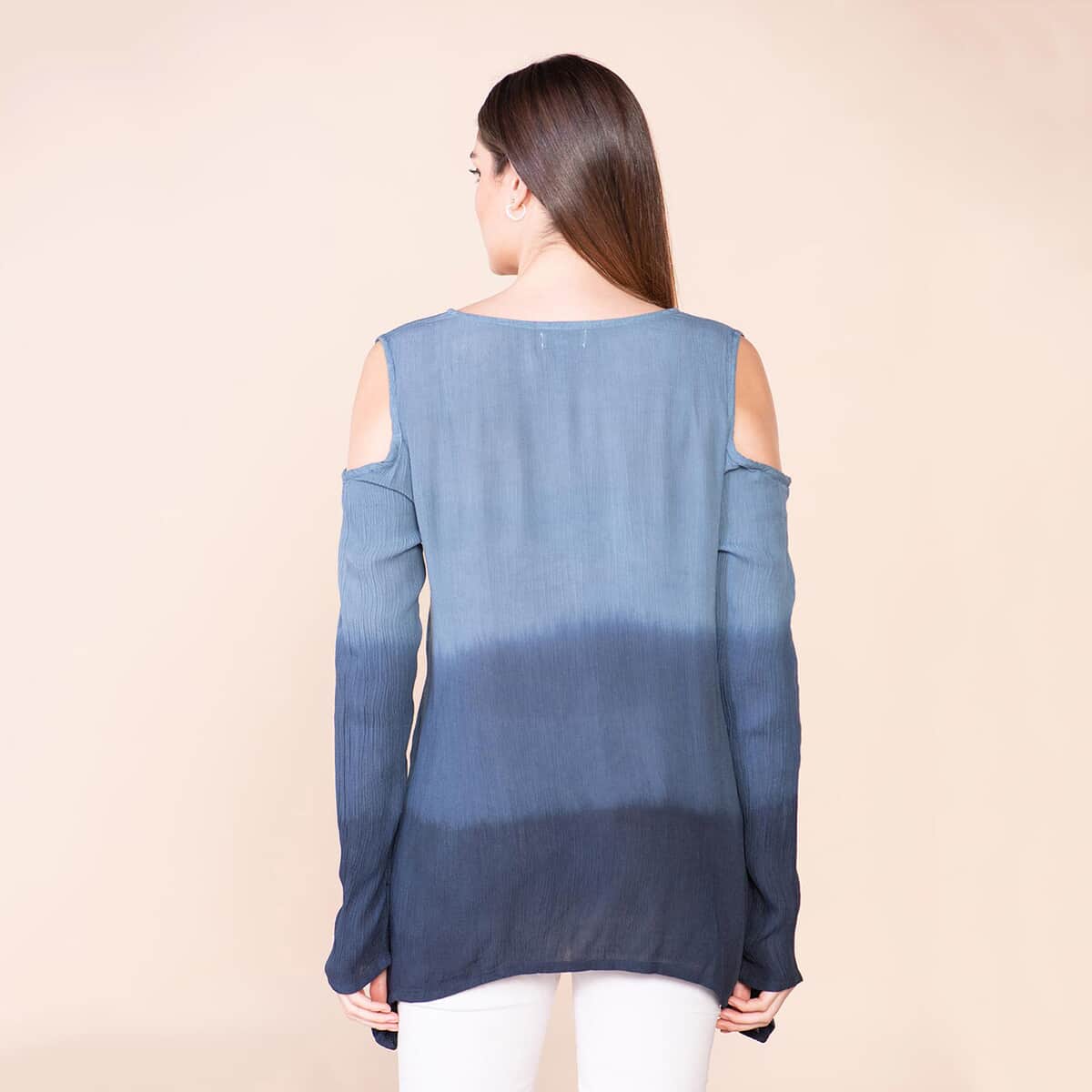 Tamsy Navy Blue Rayon Crepe Ombre Top - L image number 1